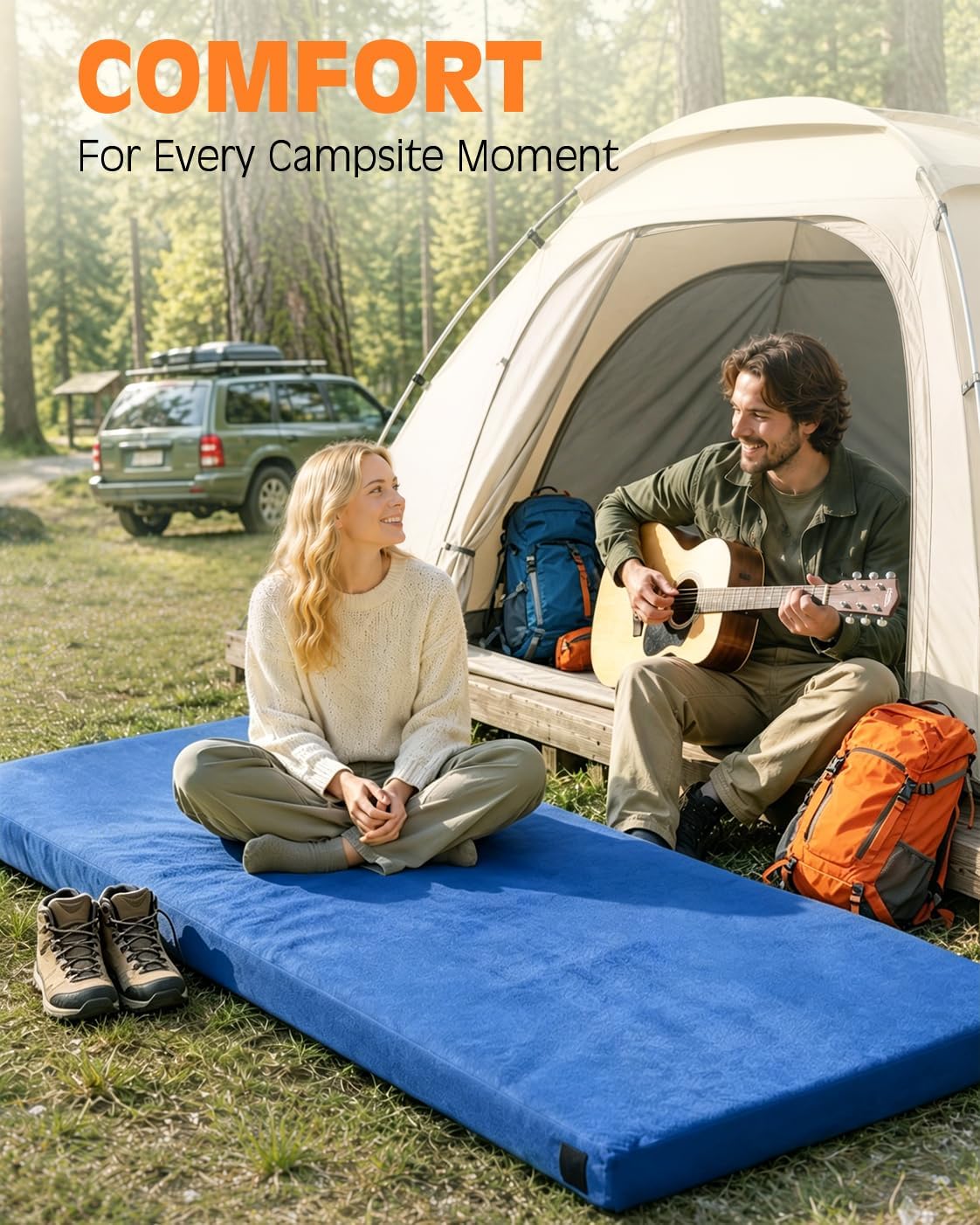 Memory Foam Camping Mattress, Extra Thick 4 Inch Dual Layer Sleeping Pad