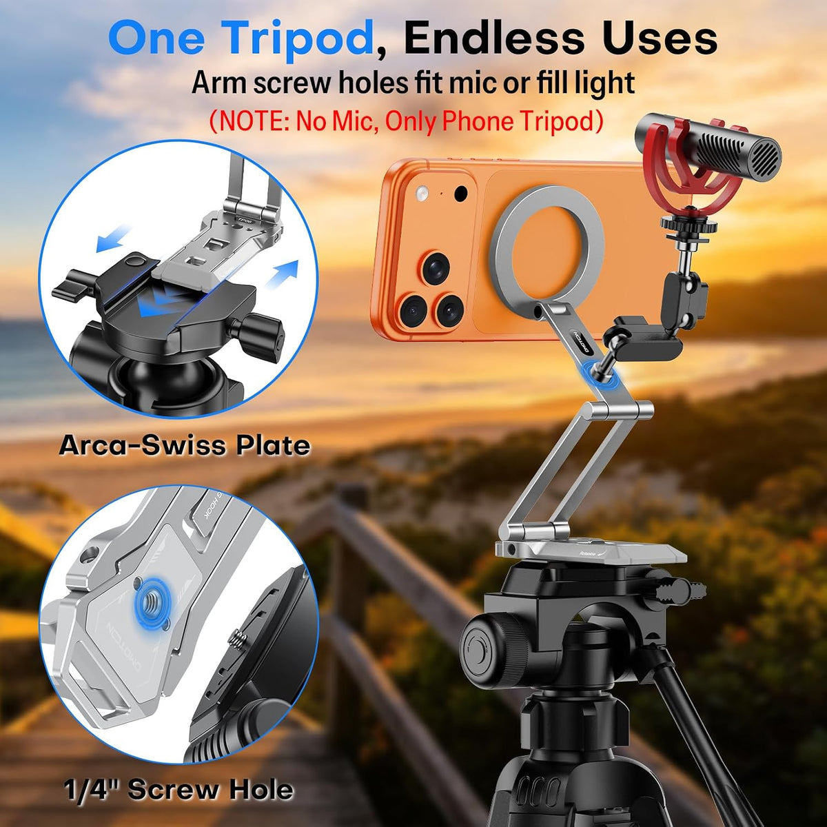 OMOTON TP06-E [3-Adjust] Sturdy Magnetic Phone Tripod for iPhone 17, Sliver