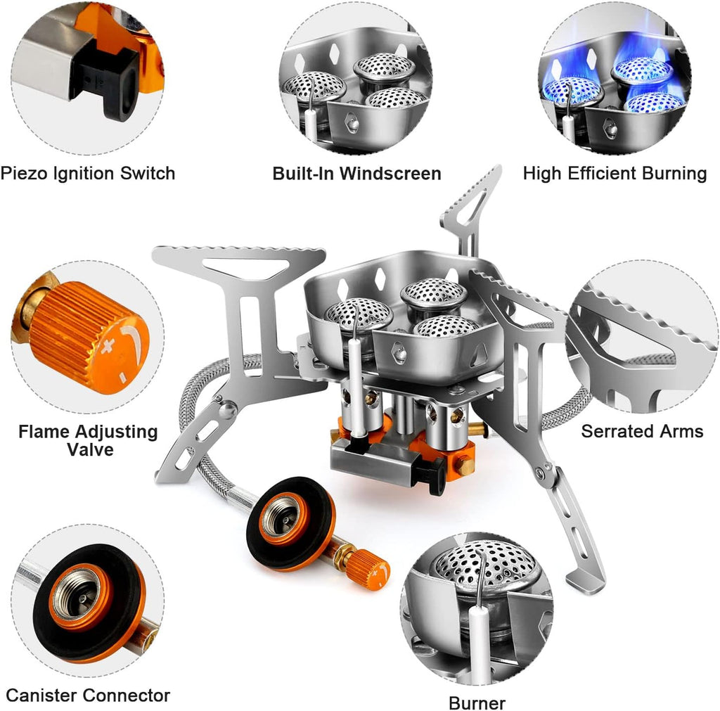 Odoland 3500W/6800W Windproof Camp Stove Camping Gas Stove with Fuel Canister Adapter, Piezo Ignition, Carry Case, Portable Collapsible Stove Burner for Outdoor Backpacking Hiking and Picnic