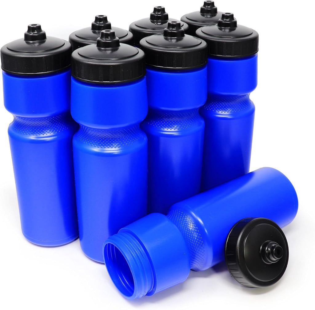 Rolling Sands USA Made 24 oz Sports Squeeze Water Bottles, 8 Pack, BPA-Free, Easy Drink One Way Flow Valve, Fits Most Bike Cages, Dishwasher Safe, Durable, Reusable and Lightweight, Blue