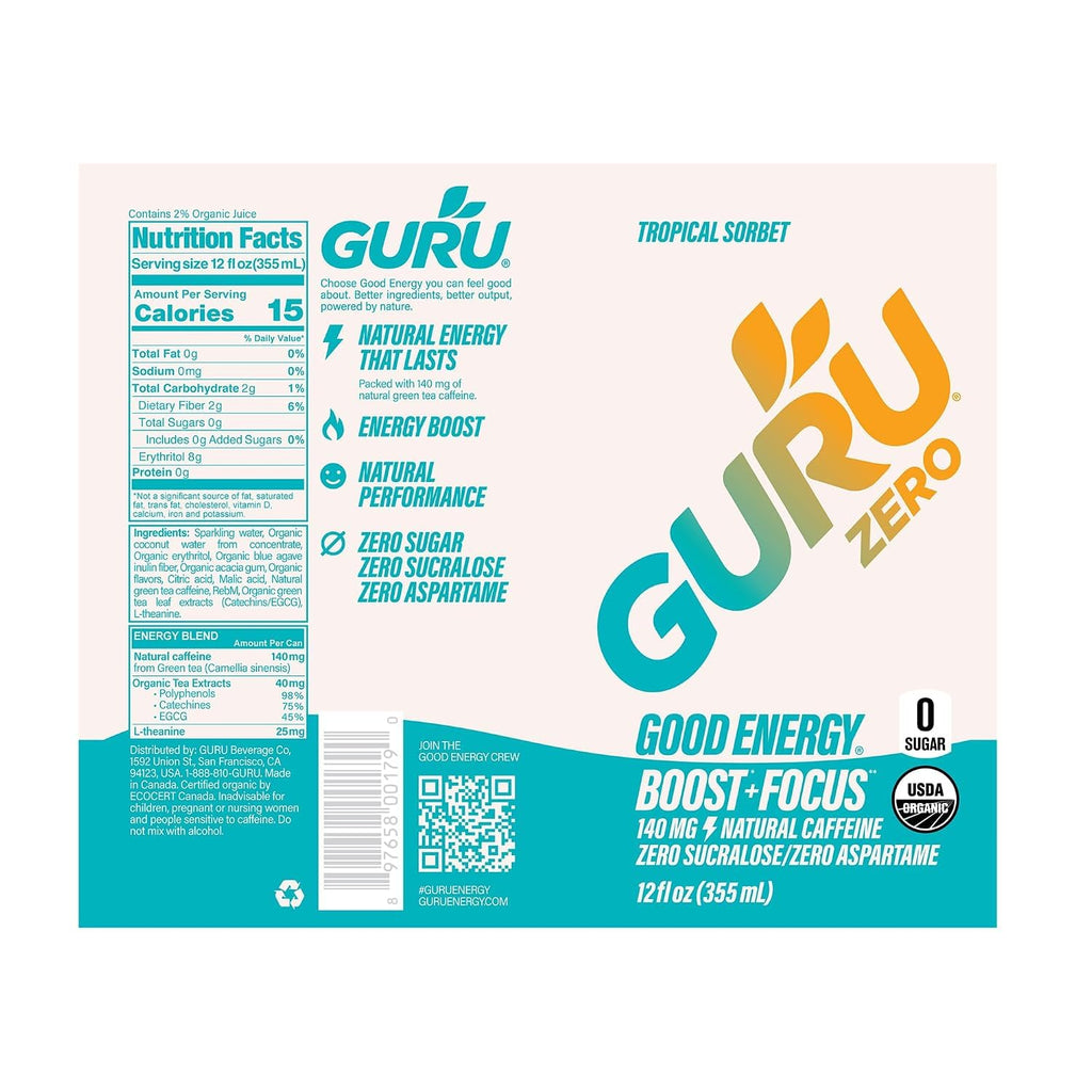 GURU Zero Sugar Organic Energy Drink, Variety Pack, 12 Fl Oz, 12 Pack