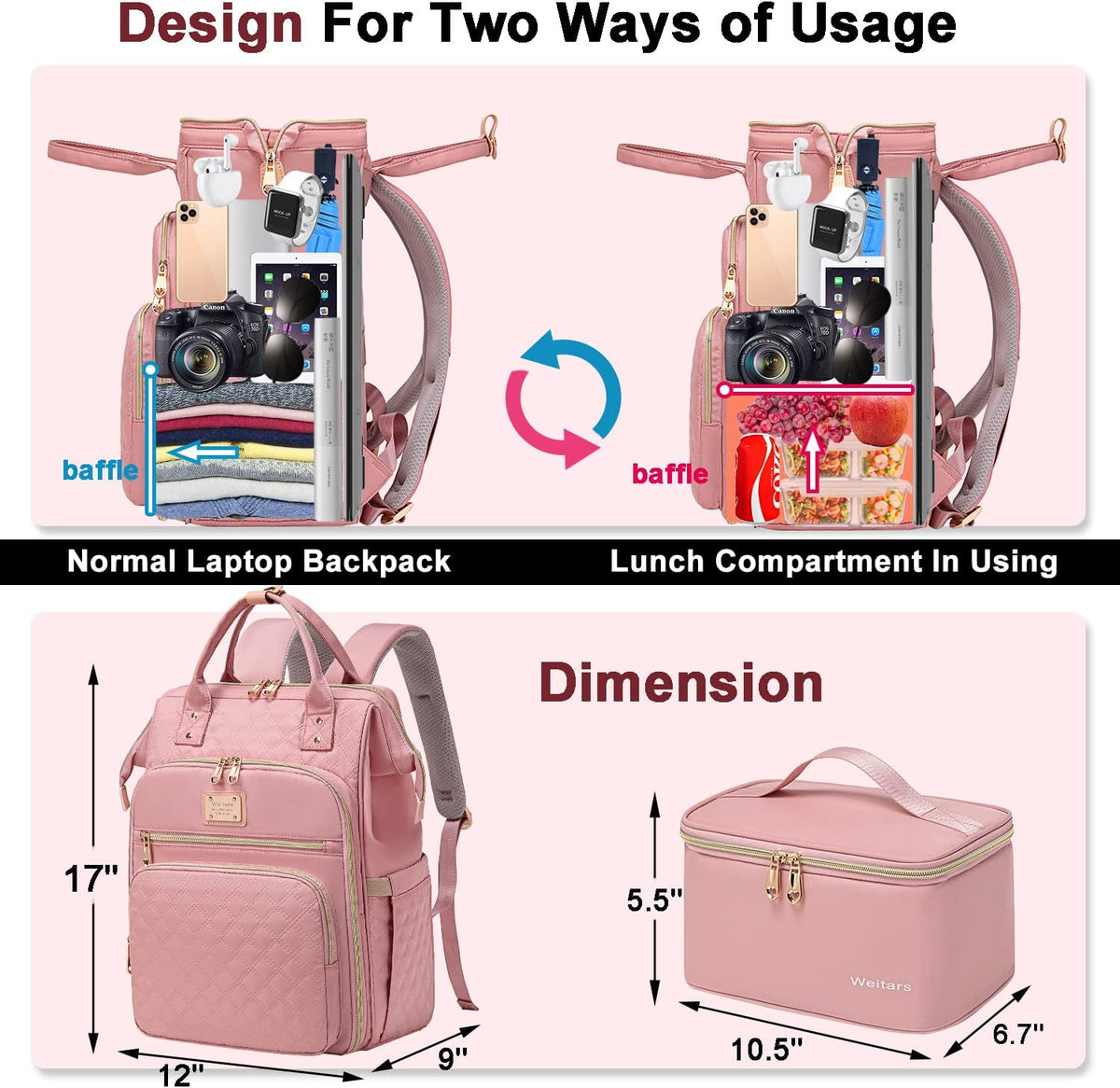Weitars Lunch Backpack for Women,15.6 Inch Laptop Backpacks with Lunch Box
