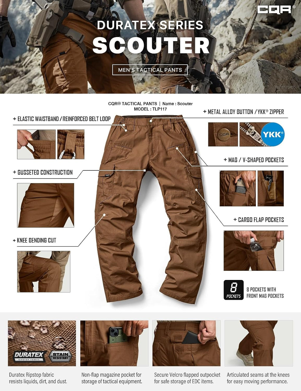CQR Men's Tactical Pants, Water Resistant Ripstop Cargo Pants, Lightweight EDC Work Hiking Pants, Outdoor Apparel
