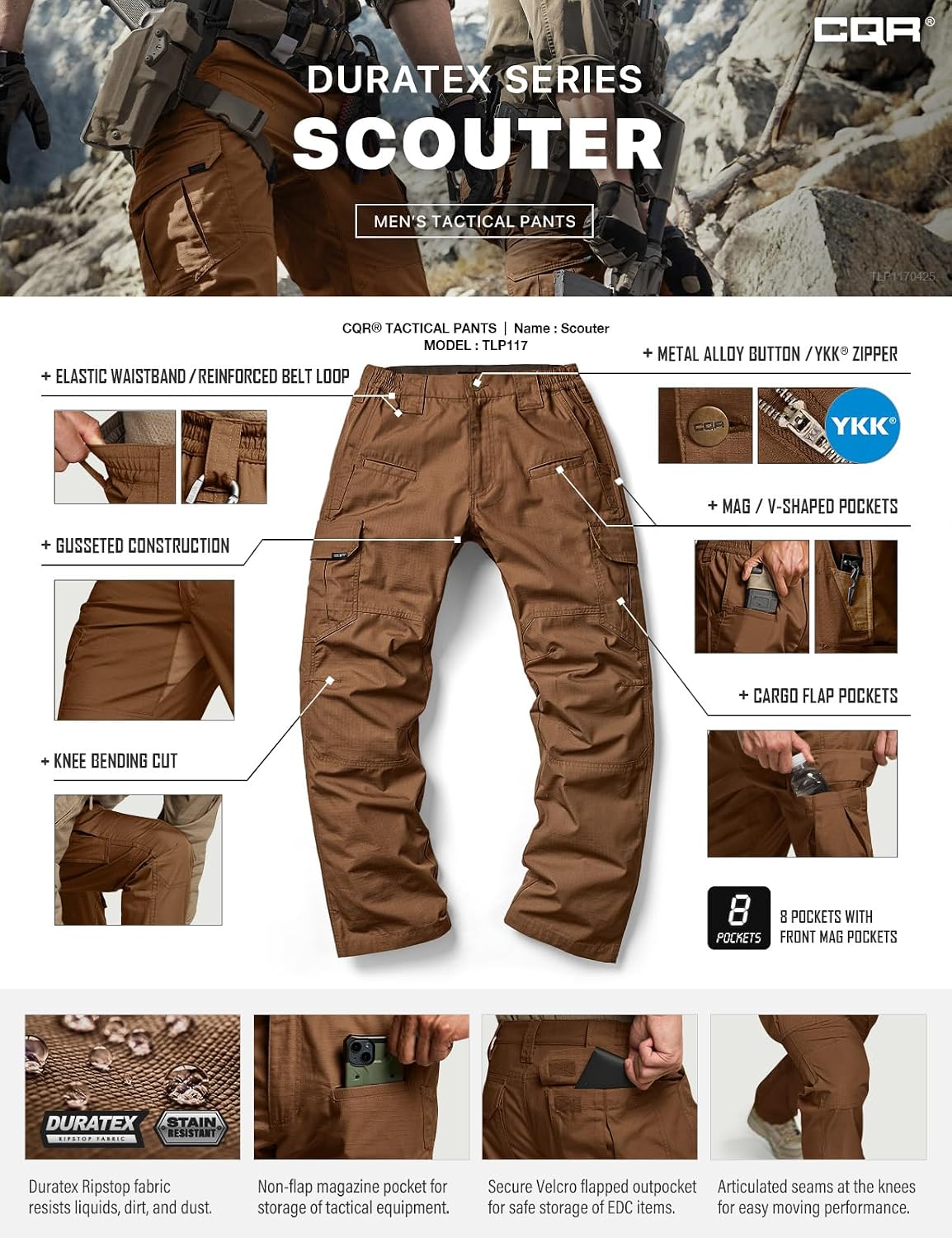 CQR Men's Tactical Pants, Water Resistant Ripstop Cargo Pants, Lightweight EDC Work Hiking Pants, Outdoor Apparel
