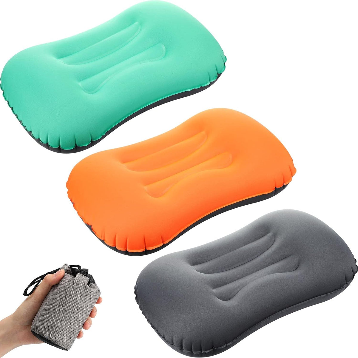 Yulejo 3 Pcs Inflatable Camping Travel Pillow, Dark Gray, Green, Orange