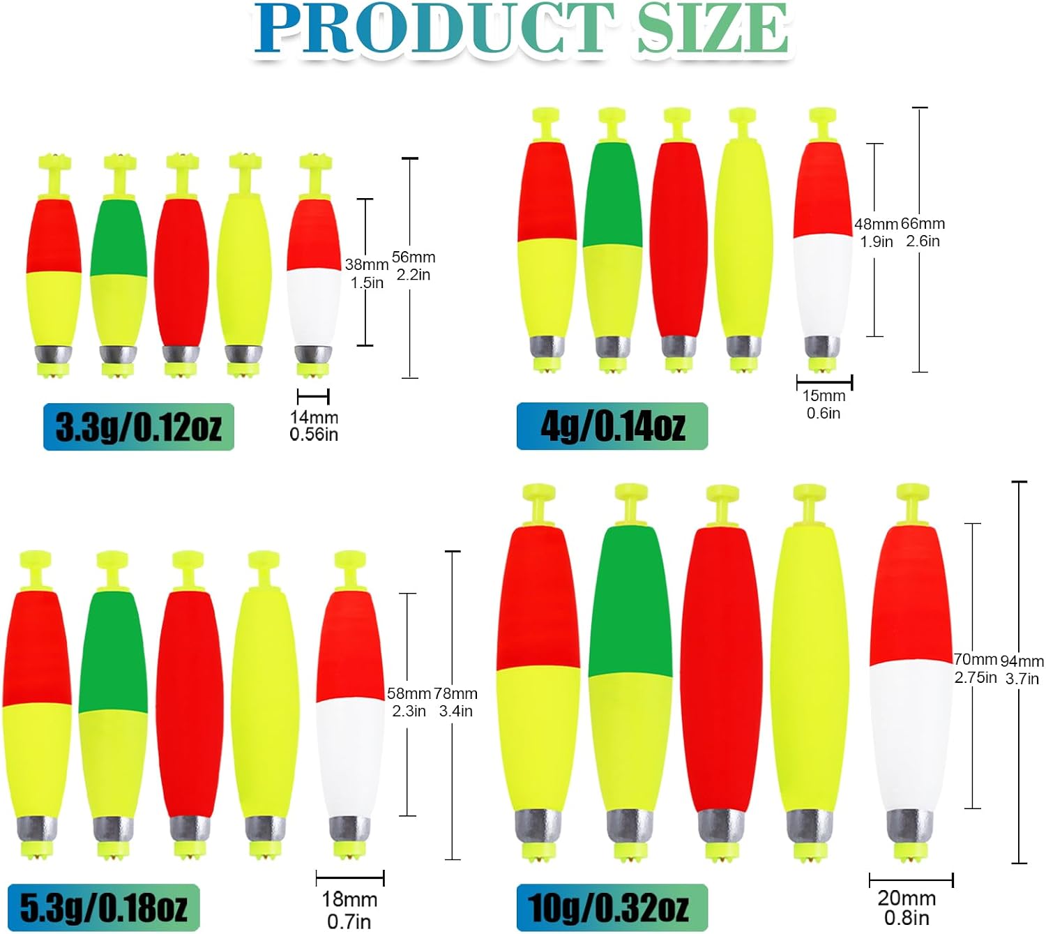Weighted Fishing Bobbers 10-Pack - Slip Bobbers for Catfish, Panfish with Spring-Loaded Clip & Bottom Weight | 3 Sizes & 5 Multi-Color Styles (EVA Foam Floats)