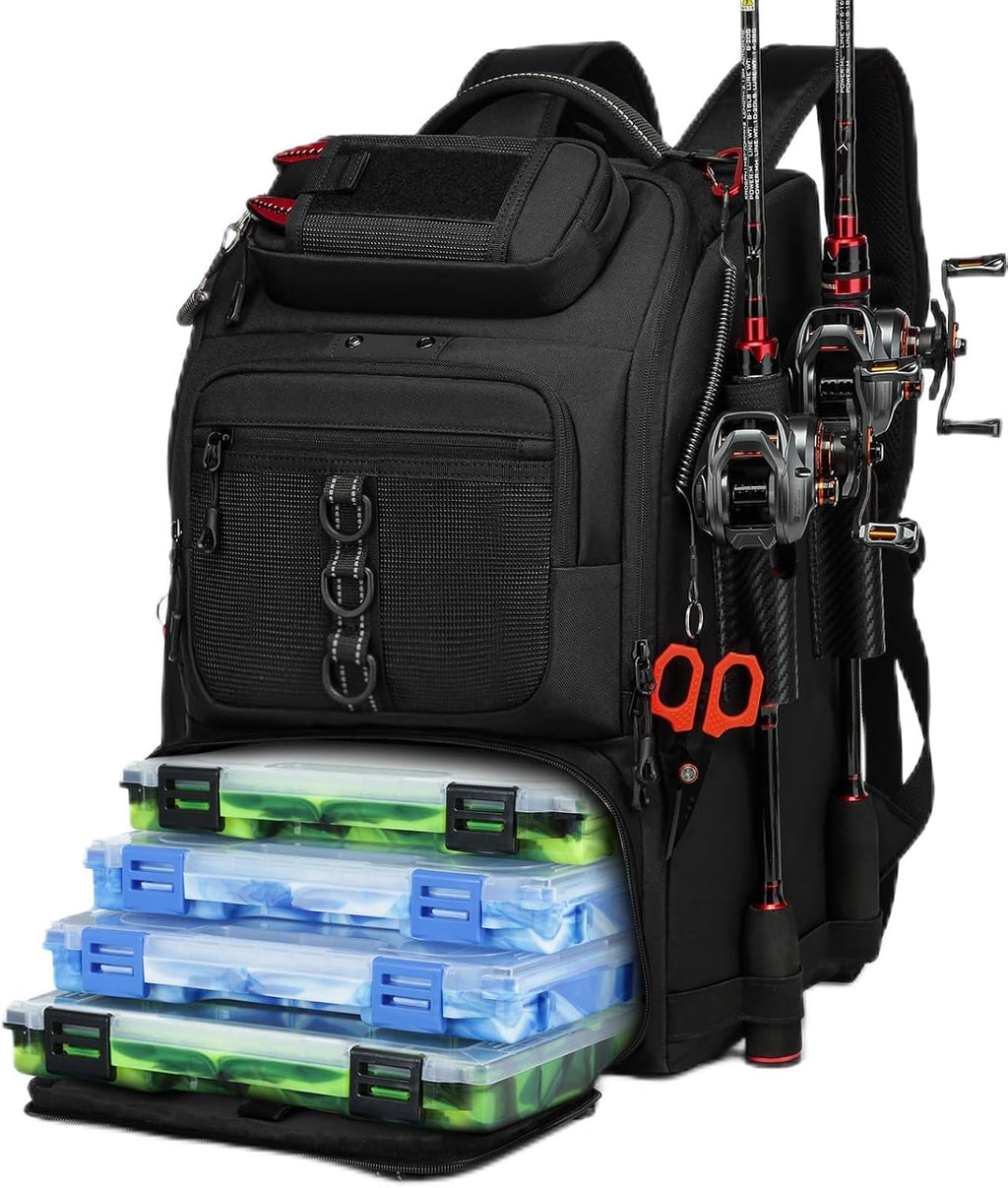 Fishing Tackle Backpack with 2 Rod Holders, Water-Resistant Fishing Gear Storage Bag, Tackle Bag for Fishing Equipment, Fisher Gifts For Men, Black