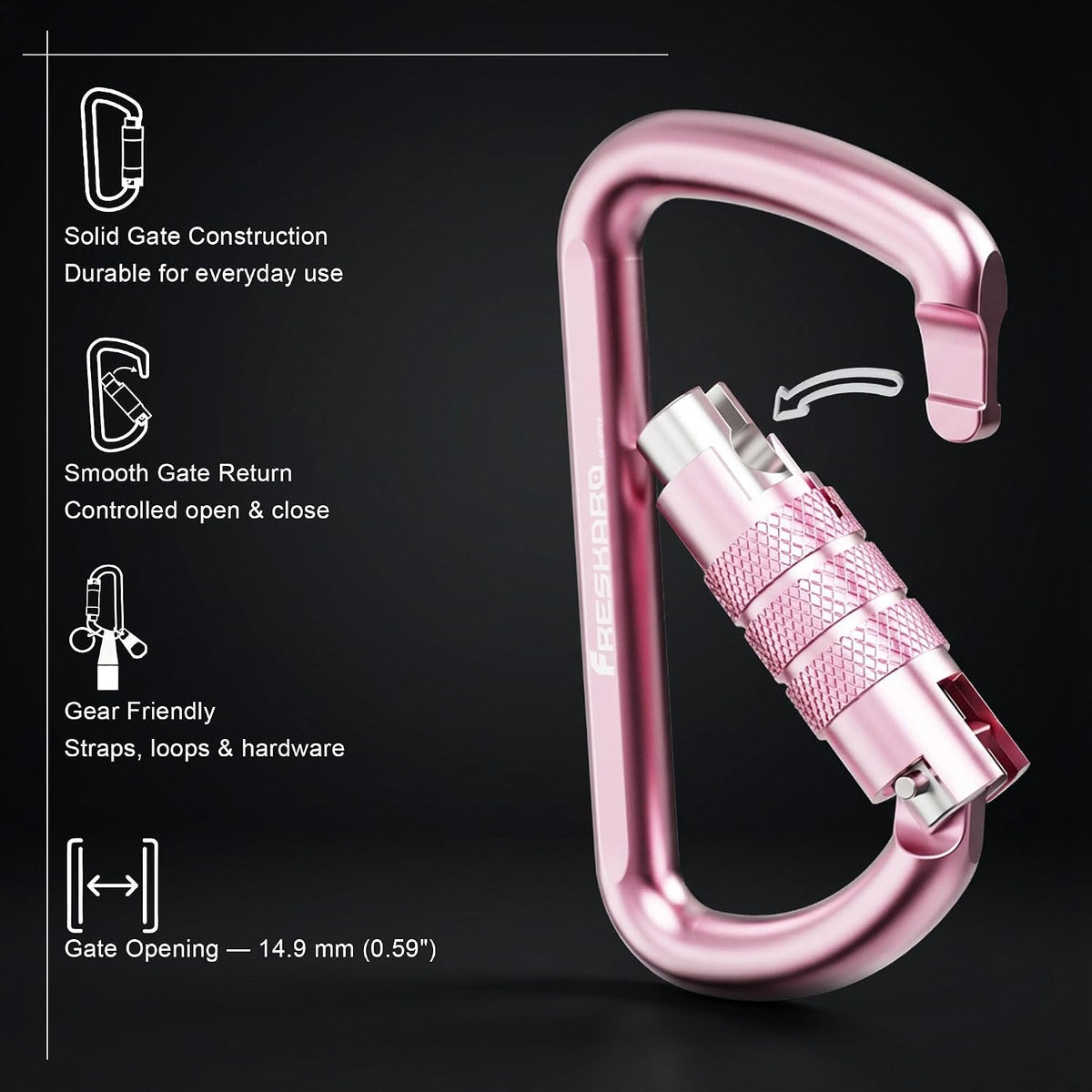 FresKaro 3inch 12kN-2698lbs Auto Locking Carabiner Clips, Solid D Shape, Heavy Duty 7075 Aluminum, Lightweight 1.09oz, Rust Proof, for Hammock, Hiking, Dog Leash, Keychain etc., Multi-Colors