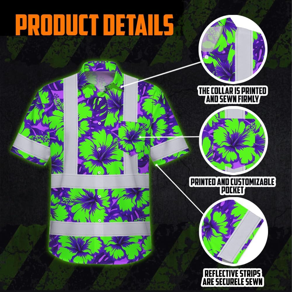 High Visibility Hawaiian Shirt for Men Tropical Shirts Custom Name Floral Outfit Reflective Safety Workwear