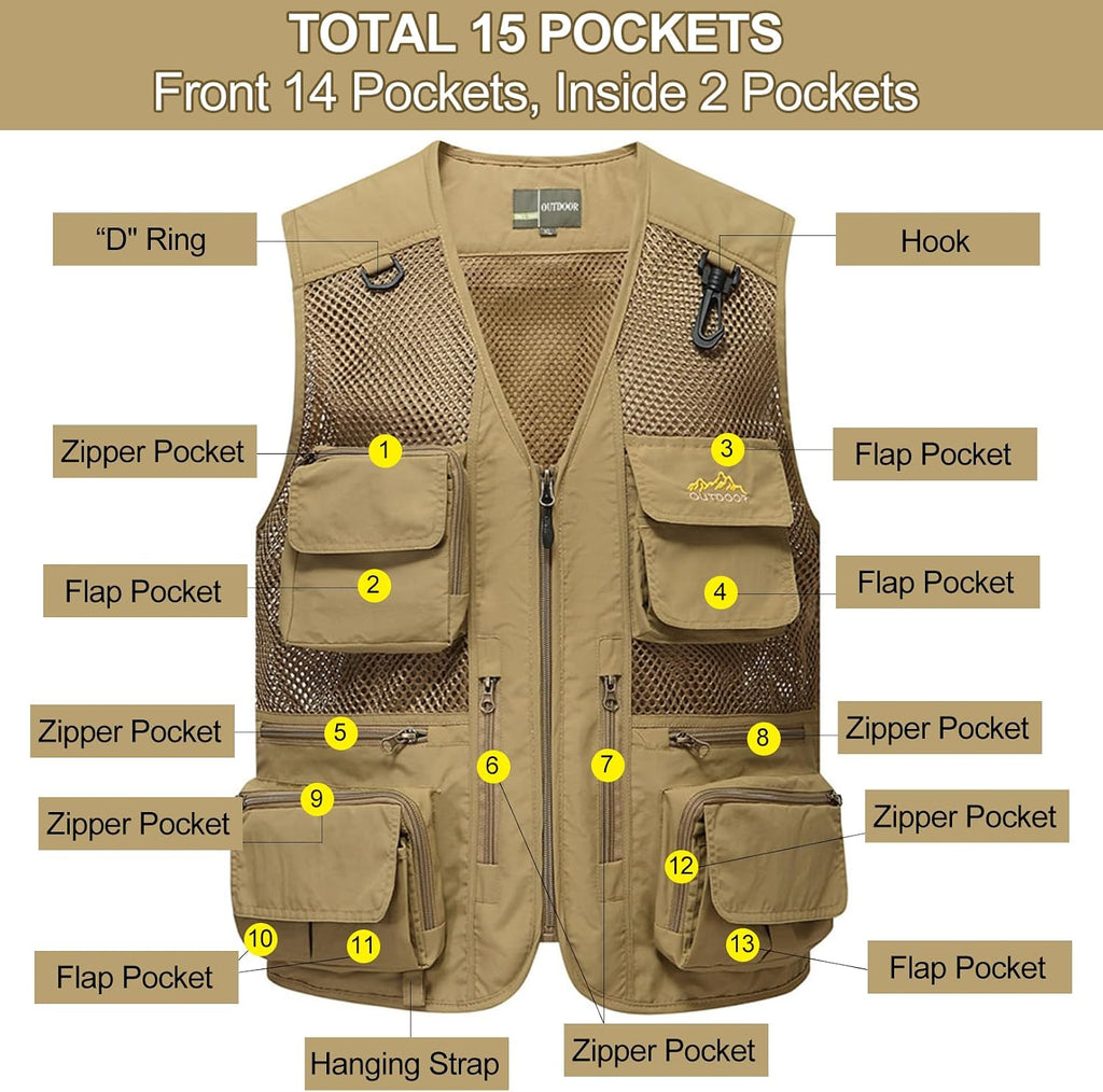 Flygo Men's Utility Cargo Vest Outdoor Fishing Safari Travel Work Photo Vest with Pockets