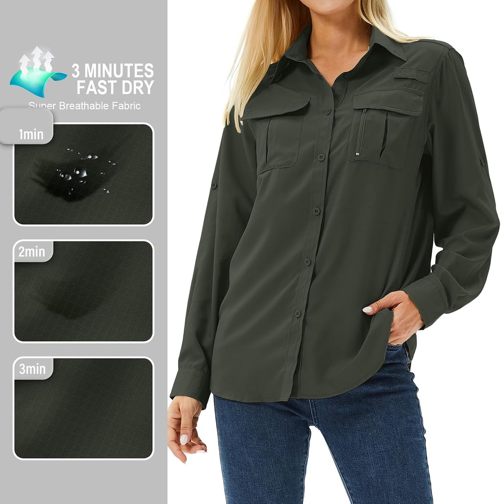 Women's UPF 50 Long Sleeve Sun Protection Safari Fish Hiking Shirts