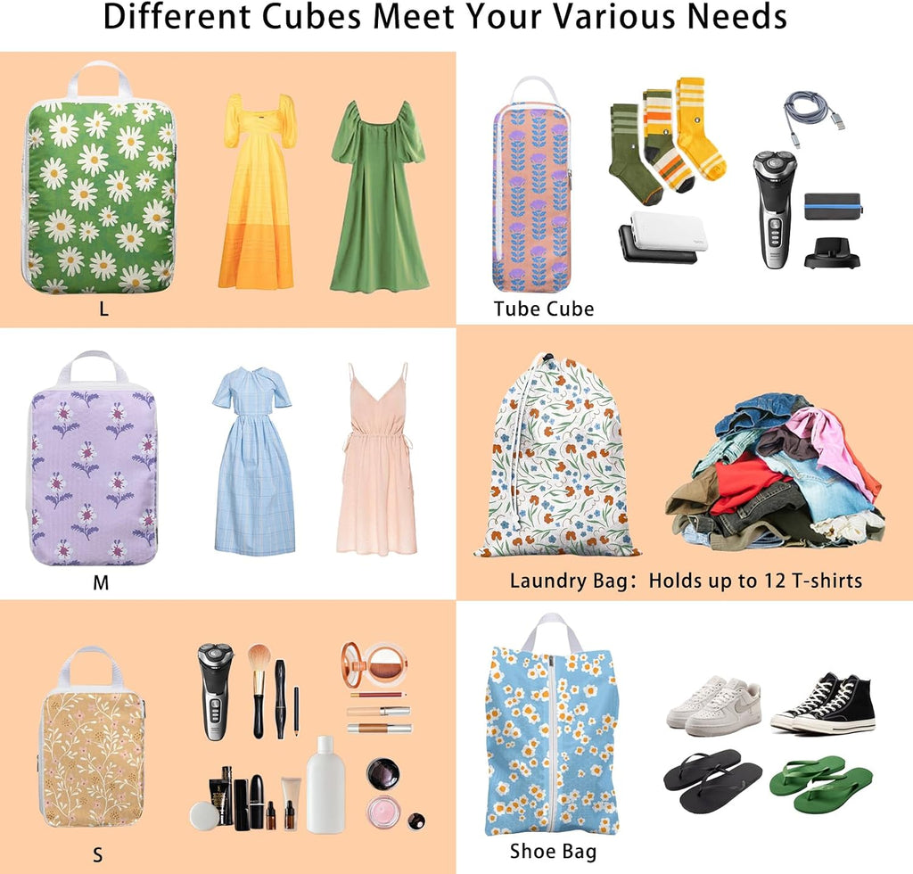 6 Pcs Compression Packing Cubes, Packing Cubes for Travel, Waterproof Luggage Organizer Bags Set, Cute Packaging Cubes for Women Kids Backpack Carry-Ons