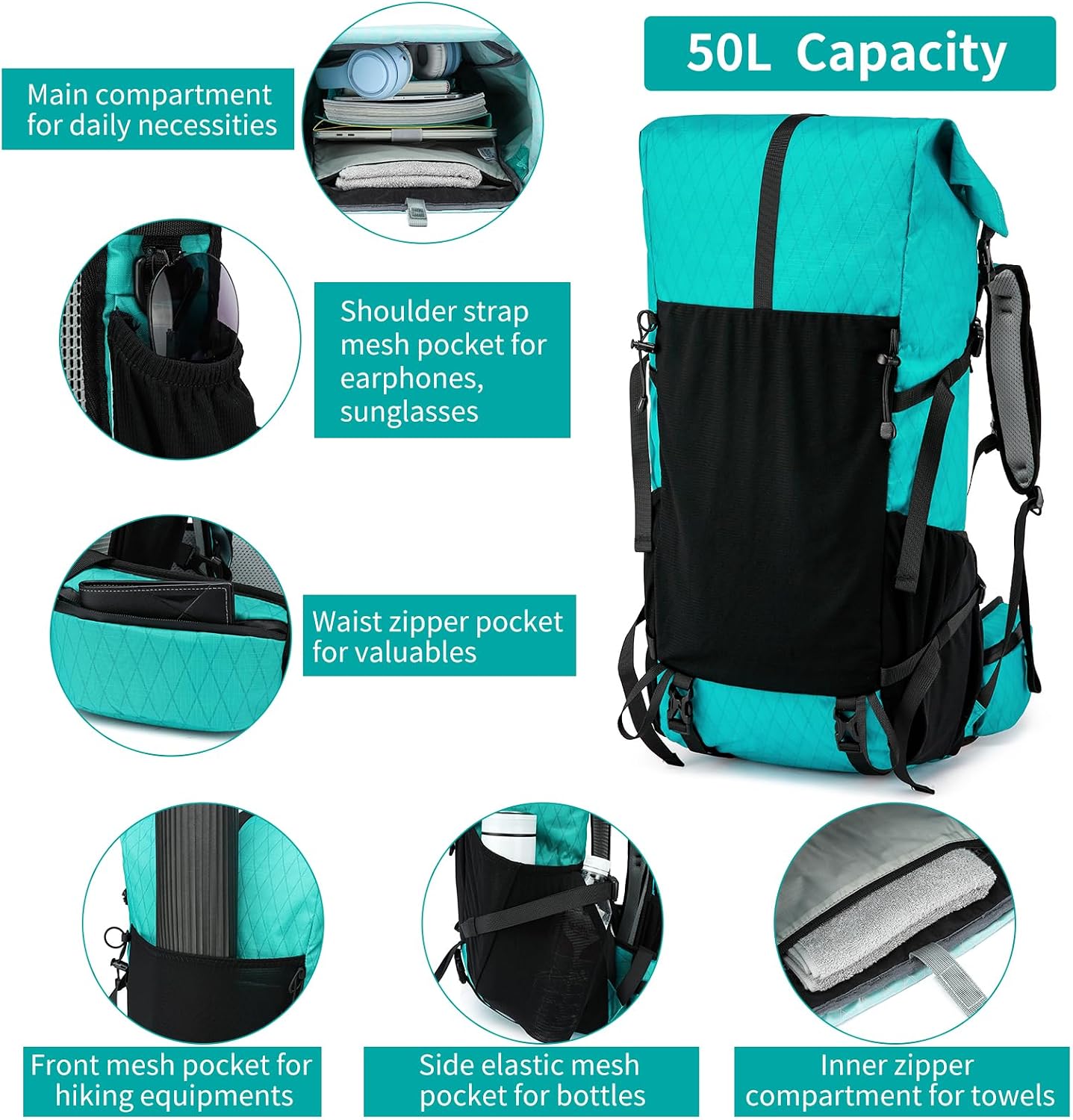Hiking Backpack,40L to 50L Extra Large Capacity Hiking Bag,Internal Frame Camping Backpack,Upgraded X-PAC Lightweight Sport Daypack Travel Backpack Fit For Mountain Climbing Camping(Peacock Green)