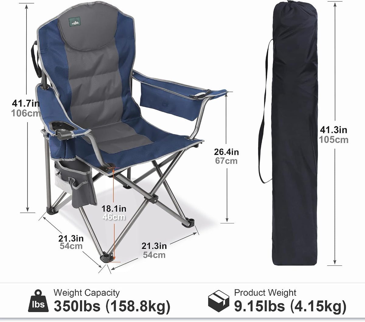 Northroad Oversized Camping Chair, Full Padded Outdoor Folding Chair Support 350 LBS, Heavy Duty Lawn Chair w/Cup Holder, Cooler Bag, Shoulder Straps for Adult-Blue