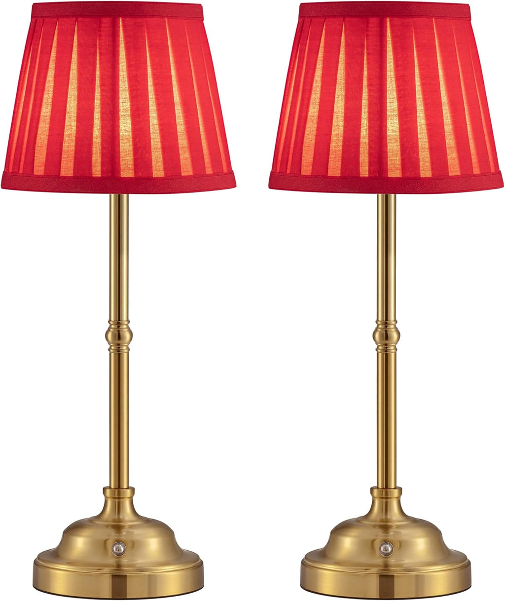 KDG Gold Cordless LED Table Lamps Set of 2, Red Fabric Shade Desk Lamps