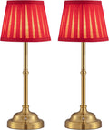 KDG Gold Cordless LED Table Lamps Set of 2, Red Fabric Shade Desk Lamps