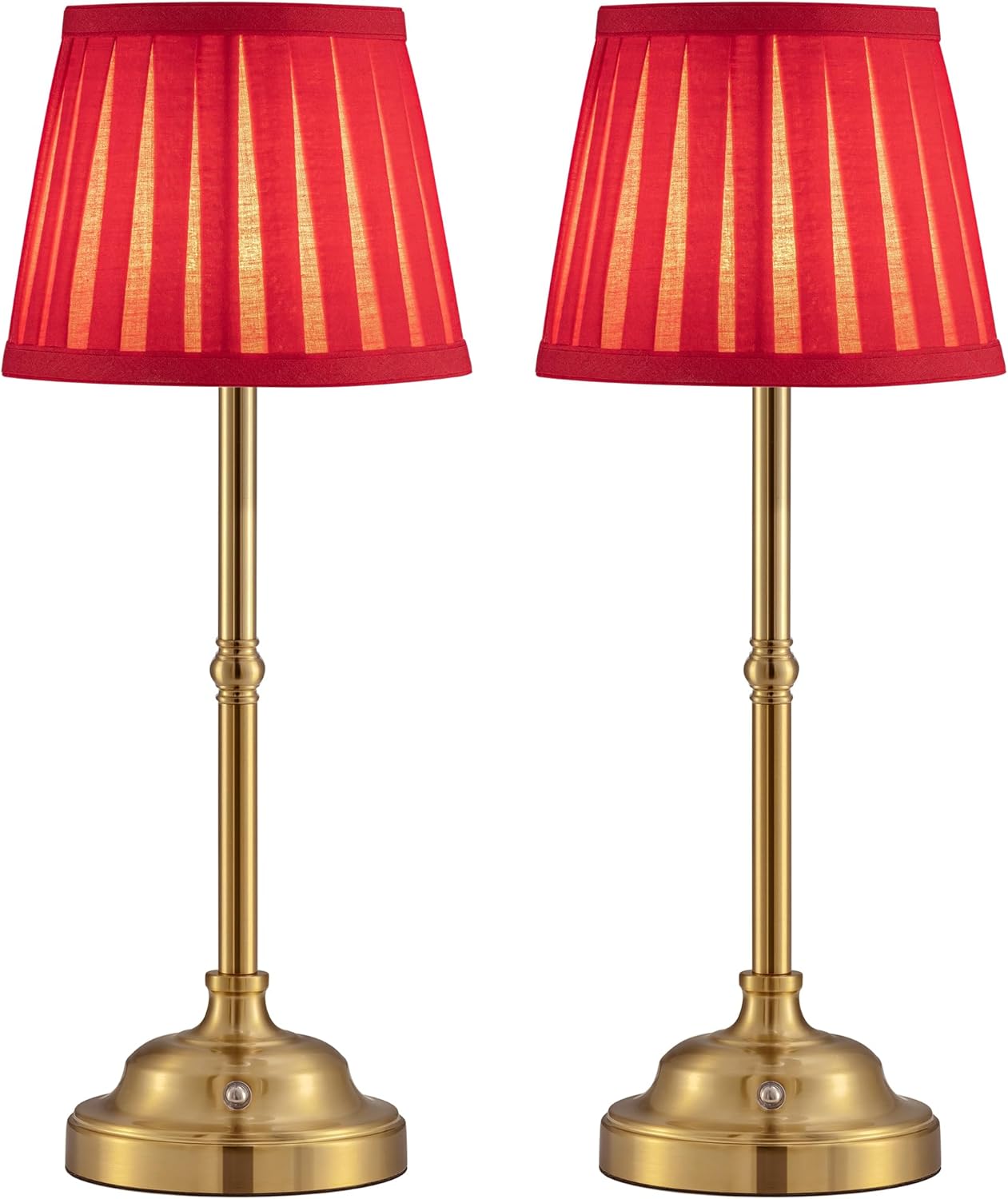 KDG Gold Cordless LED Table Lamps Set of 2, Red Fabric Shade Desk Lamps