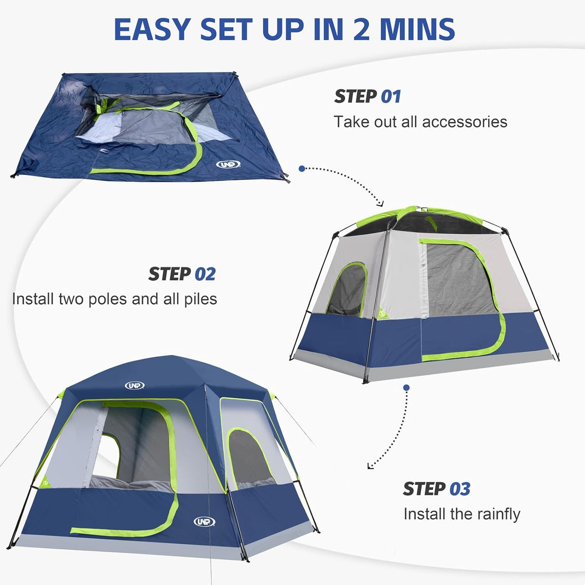 UNP 2/4/6/8 Person Tent, Portable Cabin Tent, Camping Tent 4-Person Easy Set Up, Waterproof with Top Rainfly for Outdoor Camping/Hiking