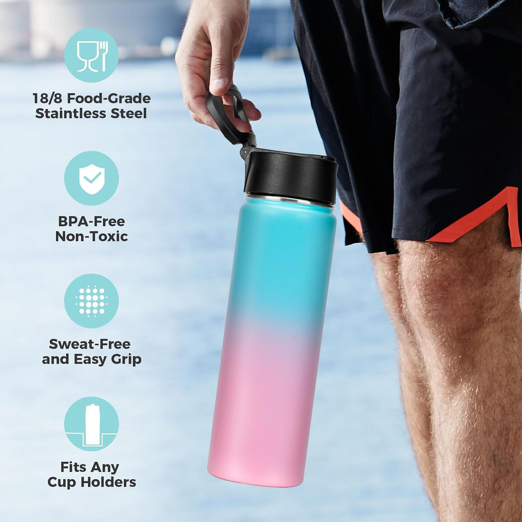 Neihepal 22 oz Insulated Water Bottles Bulk, Double Walled Vacuum Stainless Steel Water Bottle Multipack with Leak Proof Straw Lid for Men, Adults, Kids, Gym, Sports (Green Pink,4 Pack)