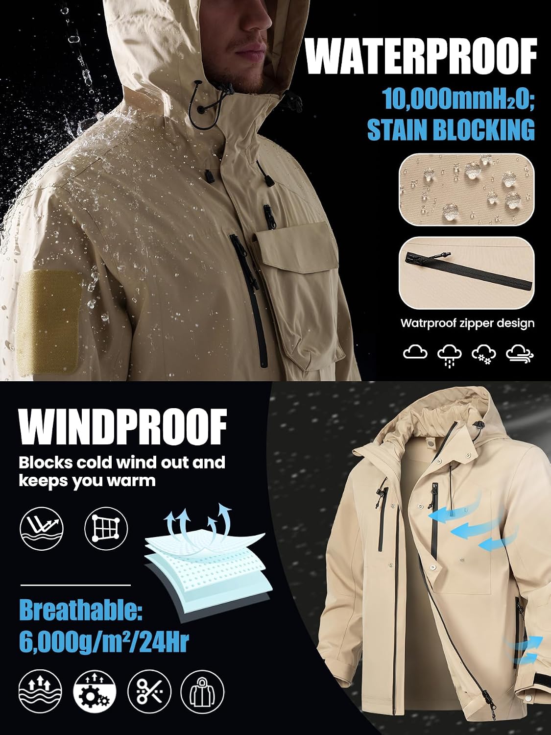 Men's Waterproof Tactical Jacket Lightweight Hooded Raincoat Stain Resistant Breathable Outdoor Shell