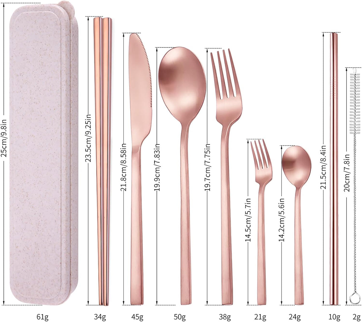 AARainbow 8 Pieces Stainless Steel Flatware Set Portable Reusable Cutlery Set Travel Utensils Set Including Chopsticks Knife Fork Spoon Straws Cleaning Brush Dishwasher Safe (B-Rose Golden)