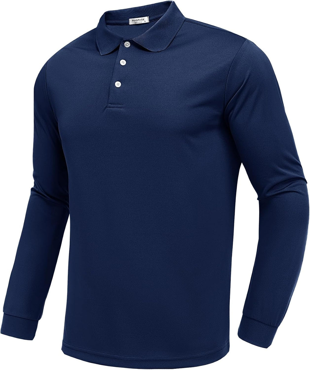 PINSPARK Men's Long Sleeve Golf Polo Shirts Moisture Wicking Quick Dry