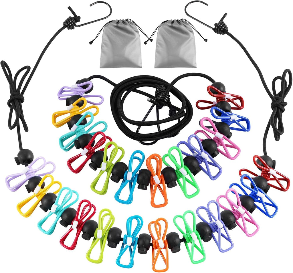 2 Pack Camping Clothesline Portable 12 Clothespins, Colorful