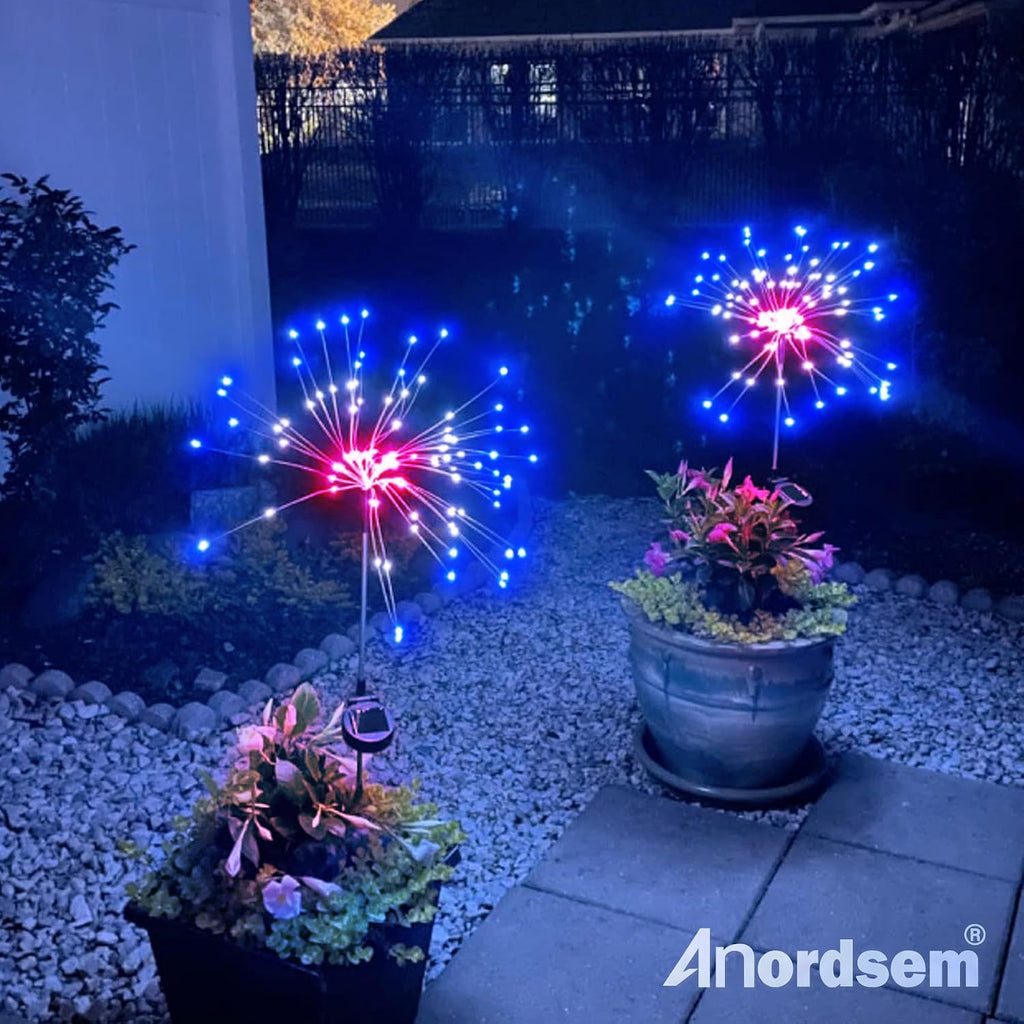 Anordsem Solar Firework Lights Outdoor Garden Fairy Lights 2 Pack Red Blue