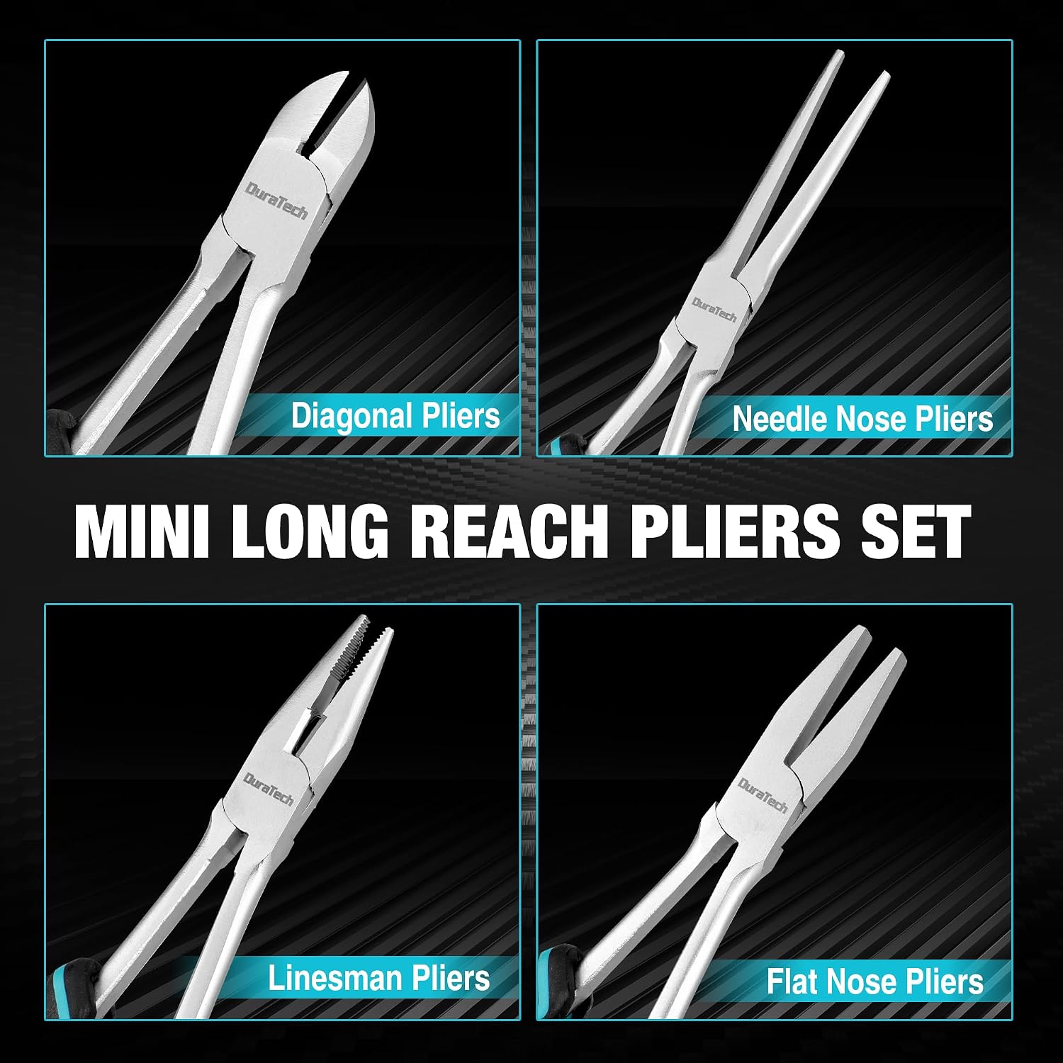 DURATECH 4PCS Long Reach Pliers Set with Pouch, Mini Extra Long Pliers Set