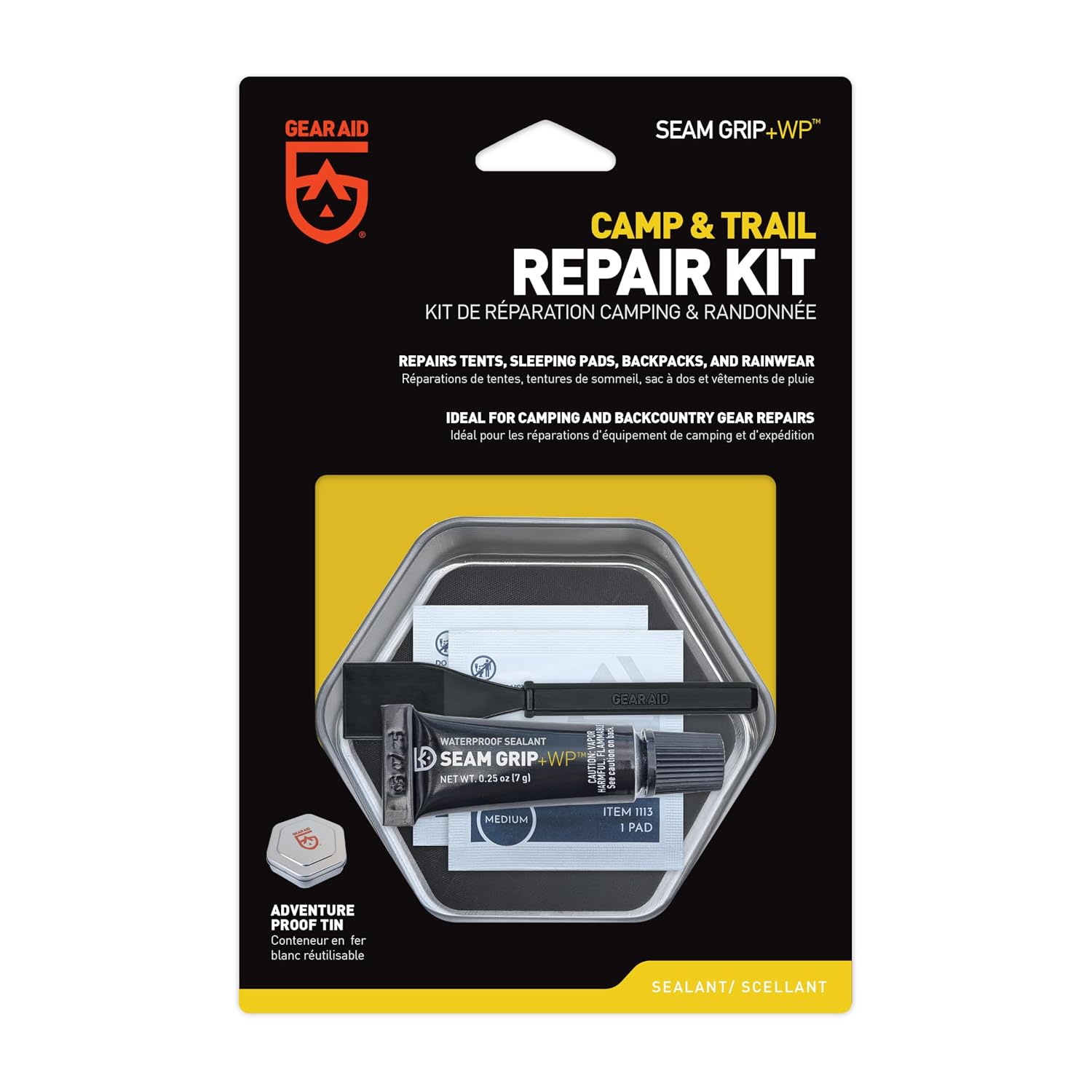 GEAR AID Seam Grip WP Camp & Trail Repair Kit – Waterproof 0.25 oz Sealant with Four Tenacious Tape Hex Patches (2.5", Black and Clear) for Fixing Holes, Seams on Tents, Sleeping Pads and Outdoor Gear