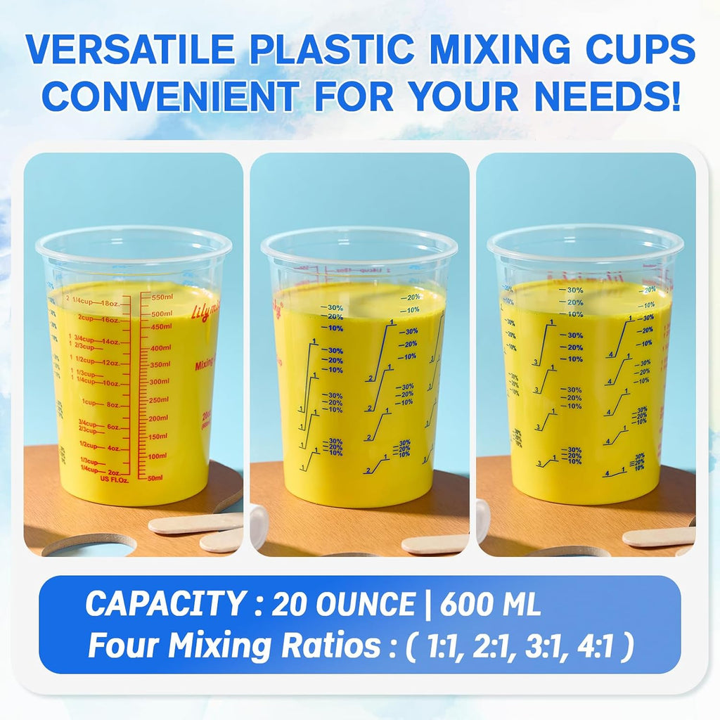 100 Pack Plastic Mixing Cups, 20 oz Measuring Cups with 100 Mixing Sticks