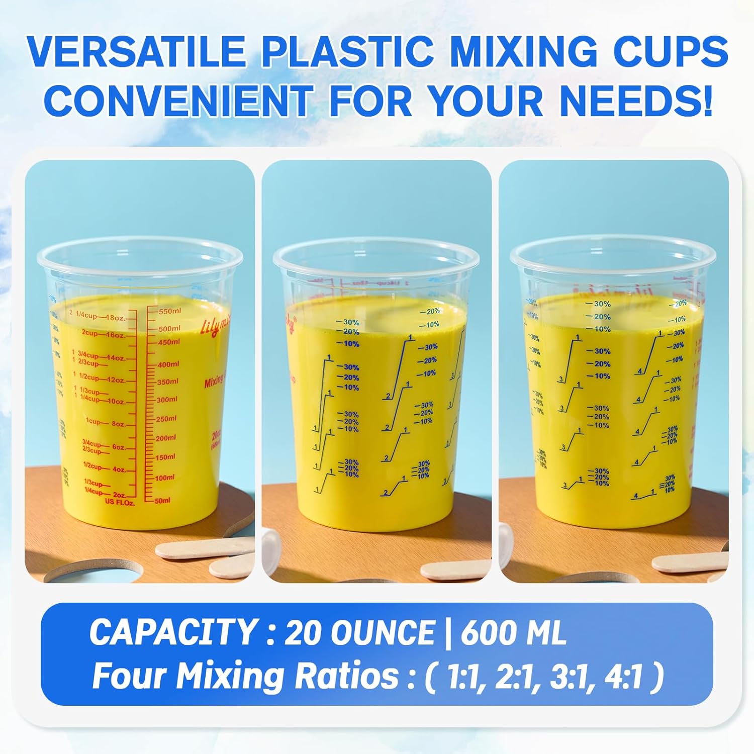 50 Pack Plastic Mixing Cups, 20 oz Measuring Cups with 50 Mixing Sticks