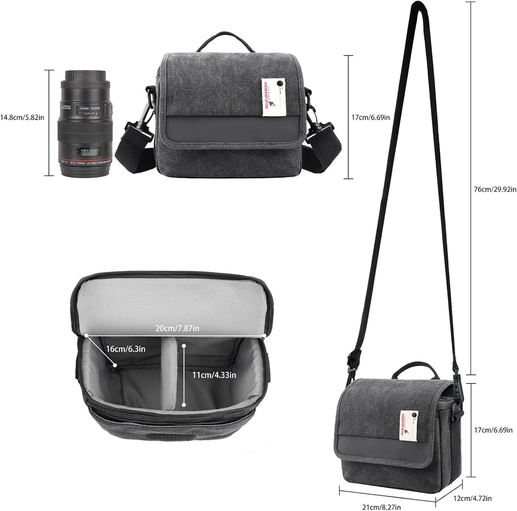 Besnfoto Camera Bag Purse Small Messenger Shoulder Bag for Mirrorless DSLR Camera Waterproof Canvas Compact Photography Case, Black Gray