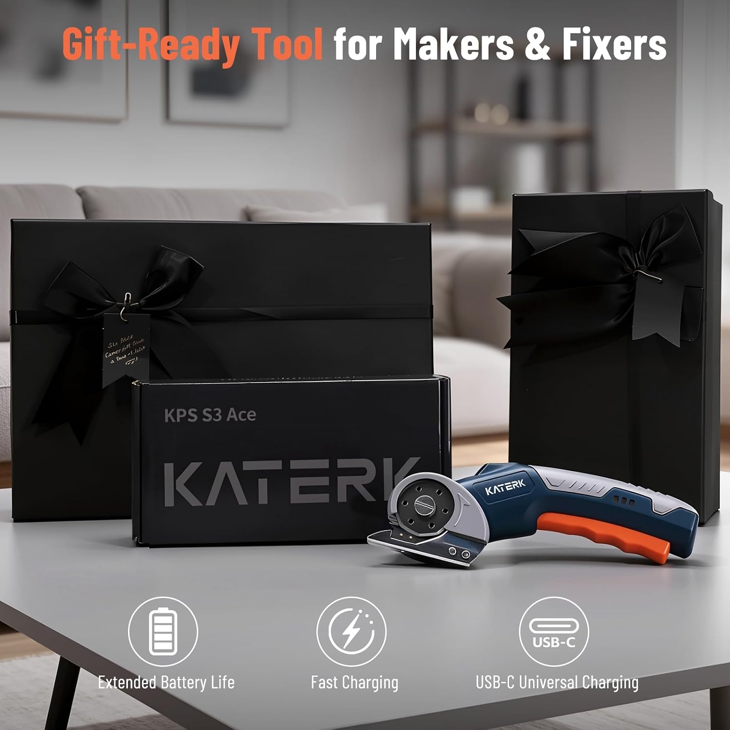 Electric Box Cutter, Katerk Cordless Electric Scissors with Safety Lock & LED Light, Cardboard Cutter, Ambidextrous Use, Rotary Cutter for Fabric, Leather, Plastic, Crafting