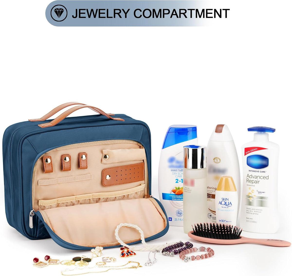 Travel Hanging Toiletry Bag for Women, with Jewelry Organizer Compartment, Medium Waterproof Hanging Makeup Accessories, Cosmetic Essentials, Toiletries Dopp Kit Set with Trolley Belt, Navy Blue