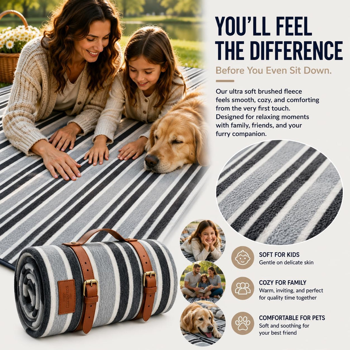 PortableAnd Ultra Soft Lightweight Picnic Blanket Waterproof 3-Layer Outdoor Mat Compact Foldable Blanket for Parks, Beaches, Camping & Everyday Adventures