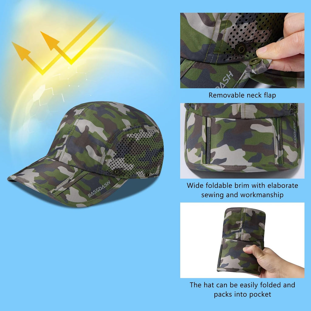 BASSDASH UPF 50+ Fishing Hat, Baseball Cap with Removable Neck Flap
