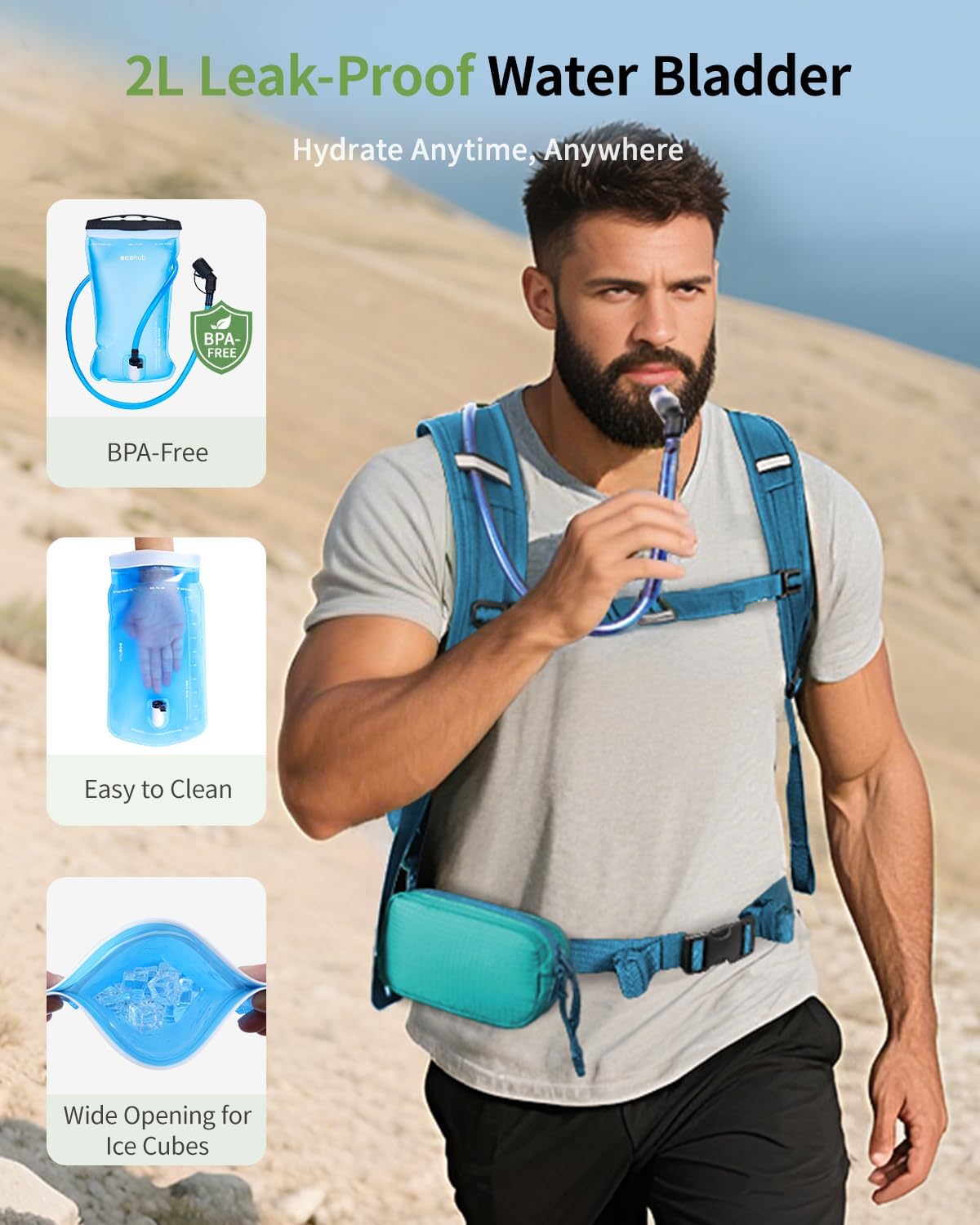 ECOHUB 20L Lightweight Hydration Backpack with 2L Water Bladder&Waist Pack