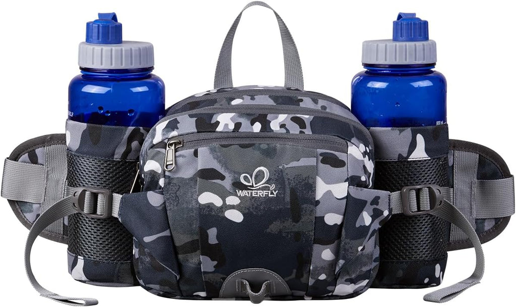 WATERFLY Fanny Pack Waist Bag: Fannie Pack 2 Water Bottle Holders Lumbar Belt Hiking Walking Running Jogging Camping Large Woman Man (Bottle Not Included)