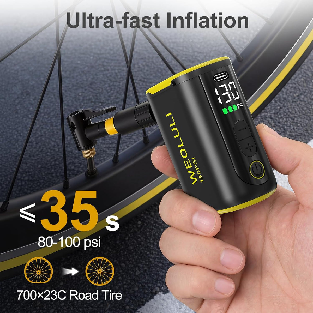 Electric Bike Pump, 130 PSI Mini Bicycle Pump with Digital Pressure Gauge & Auto-Shut-Off, Snap-On Connector for Presta & Schrader Valves,E-Bike, MTB,Road Bike