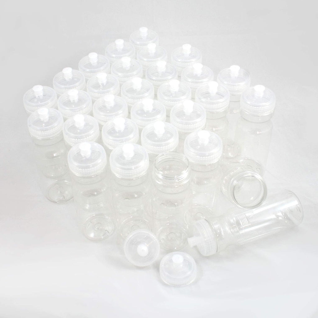 Rolling Sands Reusable Bulk Water Bottles 30 Pack - 24 Oz Sports Water Bottles, USA Made, BPA-Free, Wide Mouth for Easy Cleaning, Break Resistant - Translucent Clear Bottle/Clear Lid