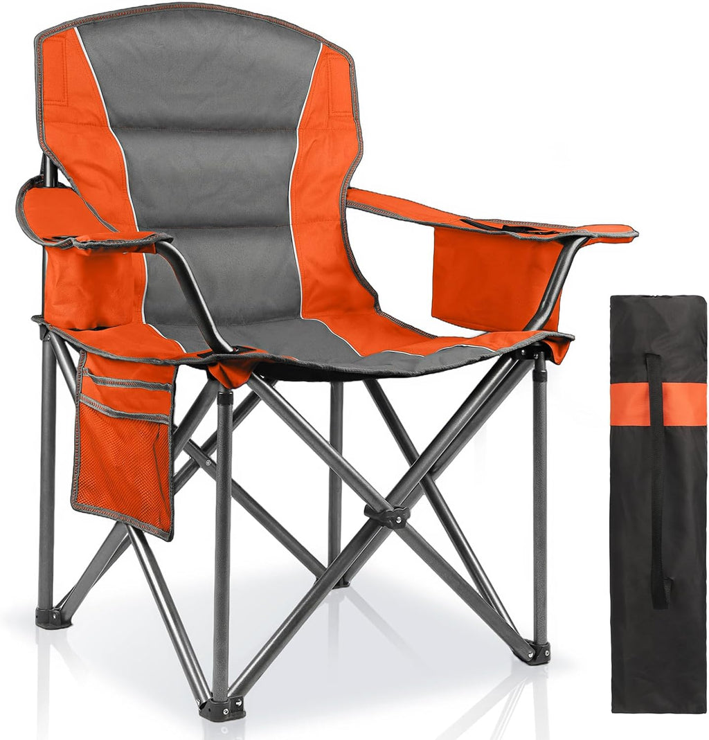 Oversized Padded Camping Chairs for Adults,Heavy Duty Support 400 Lbs,Folding Portable Lawn Chair w/Cup Holder,Cooler Bag,Side Pocket,Perfect for Outdoor Picnic,Hiking(Orange)