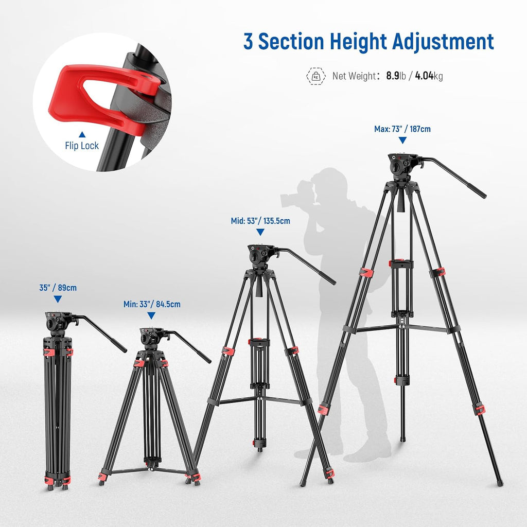 NEEWER Basics 74" Video Tripod with Fluid Head, Metal Camera Stand, TP37