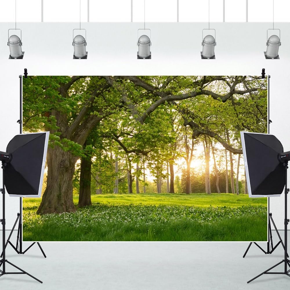 Leowefowa 5x3ft Spring Backdrop Rural Forest Trees Backdrops for Photography Blooming Flowers Green Grassland Nature Vinyl Photo Background Kids Adults Outdoor Travel Portraits Studio Props