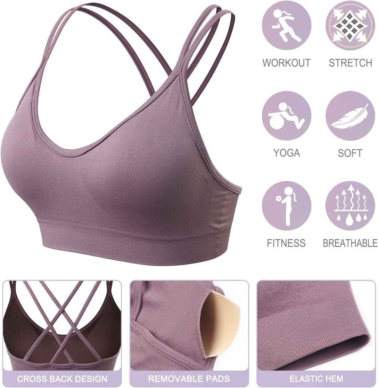 VEQKING Strappy Cross Back Women Sports Bras with Removable Cups