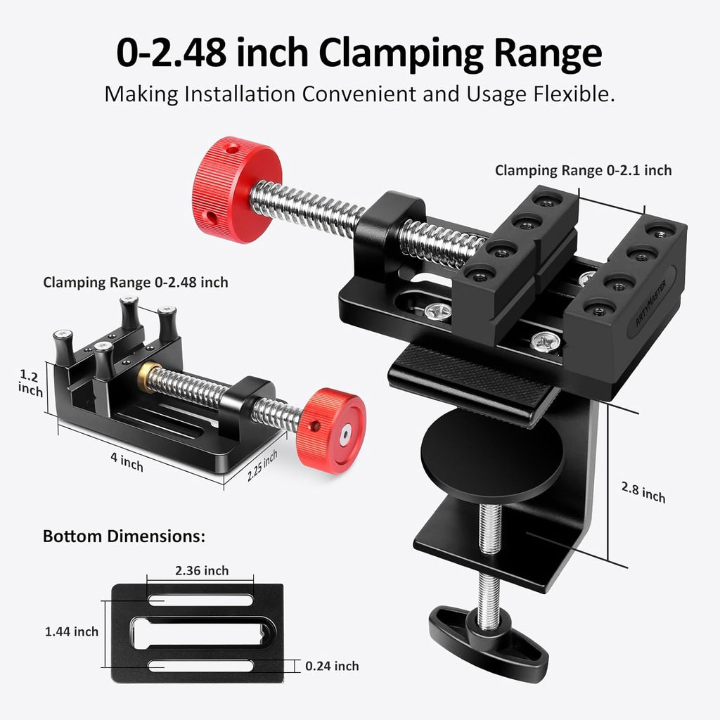 ArtyMaster Mini Drill Press Vise with Rubber Soft Jaws, 0-2.48" Clamping Range Mini Vice Clamp for Crafts, Jewelry Making, Modeling and Repairs, Precision Aluminum Small Vise for Small Projects