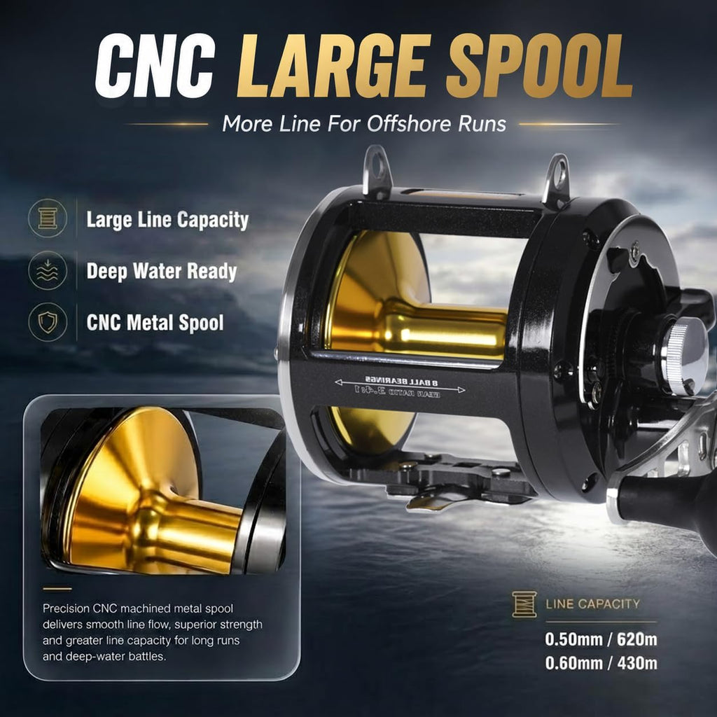 Sea Fishing Reel 44-66 LB Max Drag Saltwater Round Conventional Trolling Reel Aluminum CNC 2.8:1/4.4:1 Gear Ratio 5+1/7+1 Bearings for Tuna Salmon Marlin