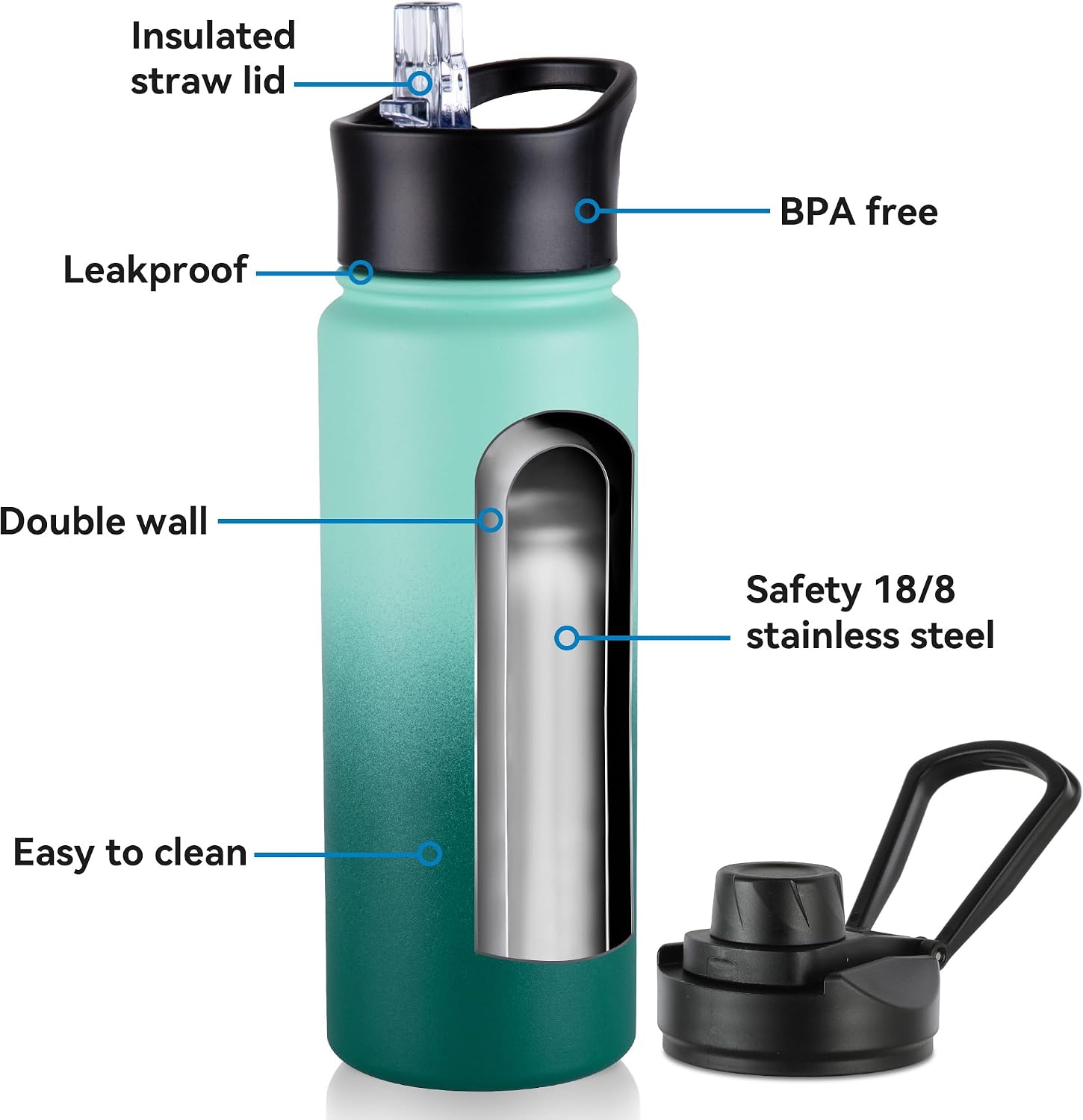 24oz Insulated Water Bottle with Straw Lid, Stainless Steel Metal Water Bottle with Straw & Wide Mouth Lid, Double Wall Vacuum Water Bottle for Hiking Camping, Gradient Green 4 Pack