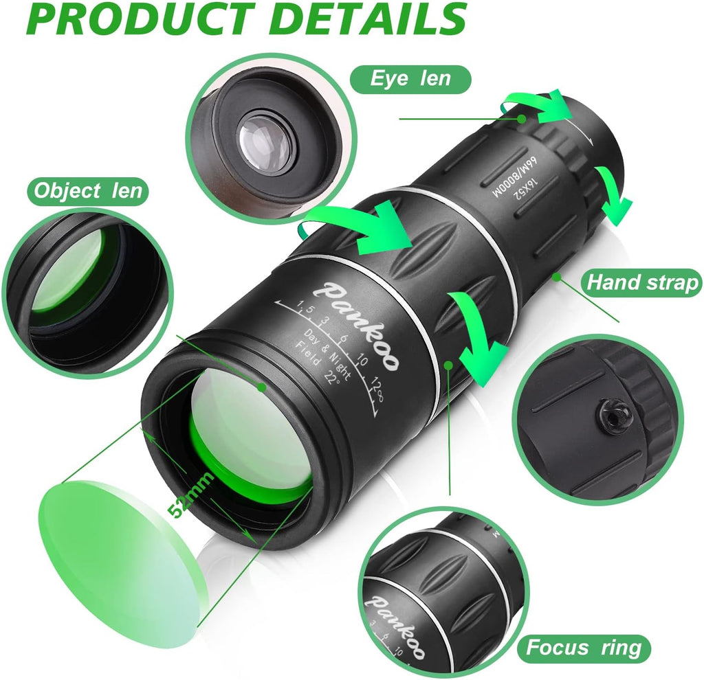 Monocular Telescope High Power 16X52, 2026 Power Prism Compact Monoculars for Adults Kids, Birthday Gifts for Men, Waterproof Fogproof Shockproof with Hand Strap, Bird Watching Hunting Camping Hiking