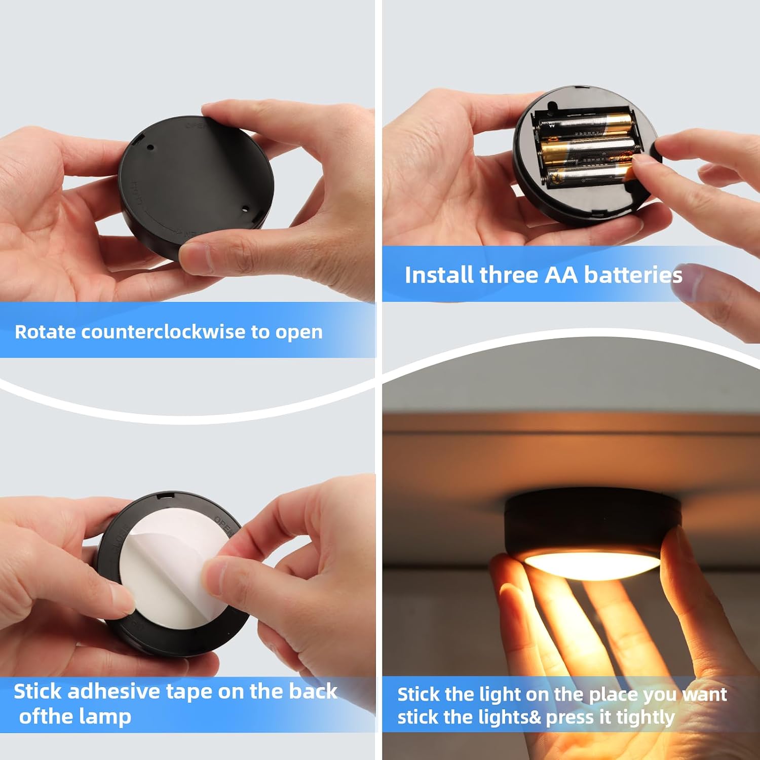 Push Lights with Remote 6-Piece Battery-Powered LED Hockey Puck Lights, Wireless Under-Cabinet & Baseboard Illumination, Dimmable & Color-Changing (3pack Black, Color)
